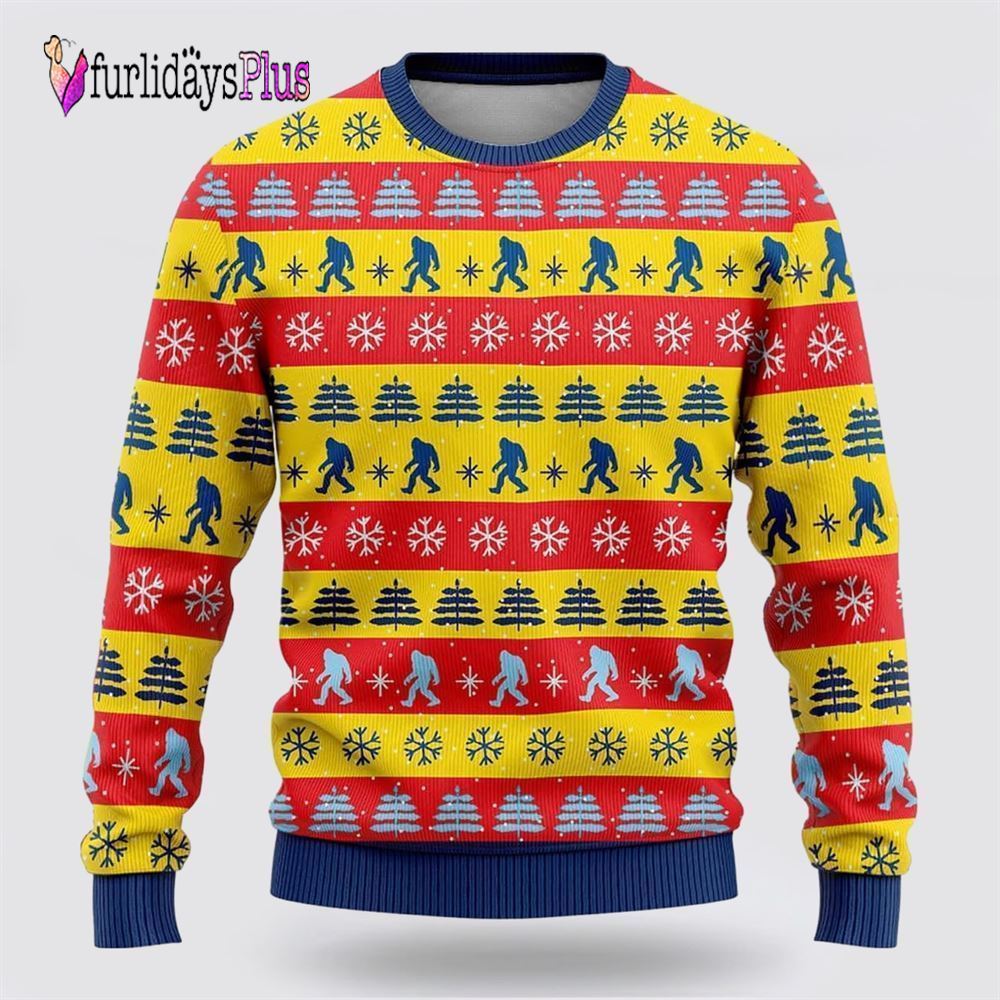 Bigfoot Red And Yellow Pattern Ugly Christmas Sweater, Best Gift For Christmas