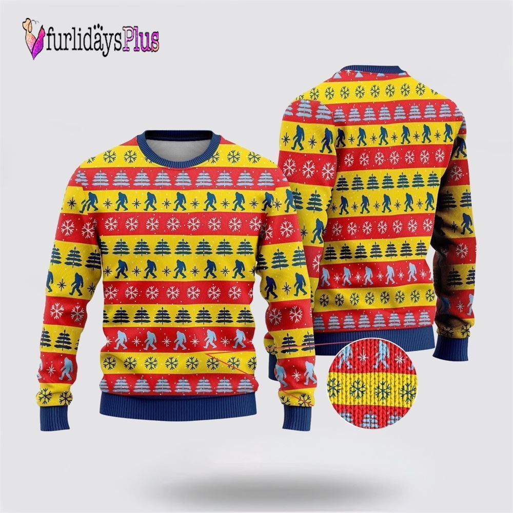 Bigfoot Red And Yellow Pattern Ugly Christmas Sweater, Best Gift For Christmas
