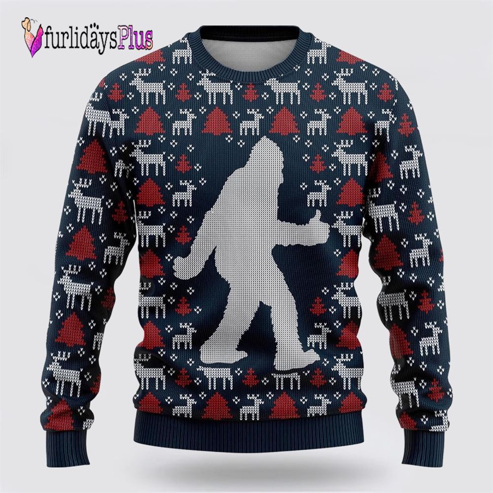 Bigfoot Reindeer And Pine Tree Motifs Blue Pattern Ugly Christmas Sweater, Best Gift For Christmas