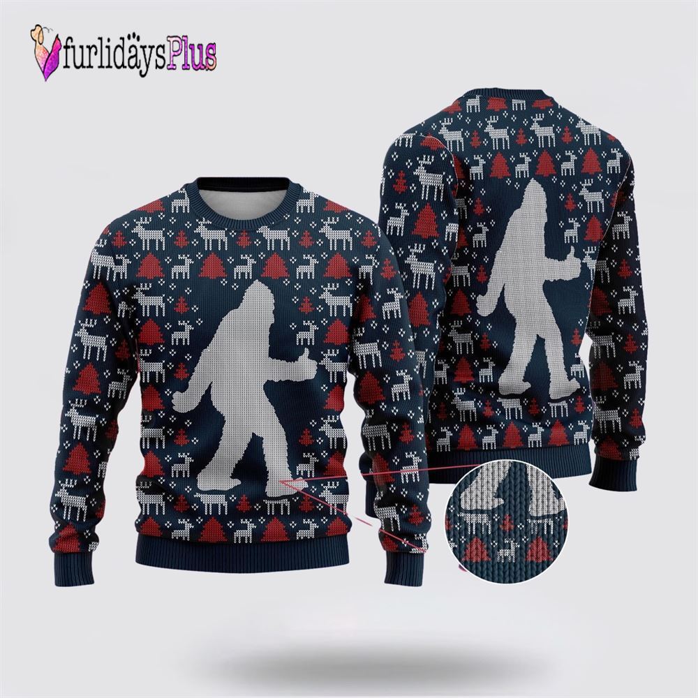 Bigfoot Reindeer And Pine Tree Motifs Blue Pattern Ugly Christmas Sweater, Best Gift For Christmas