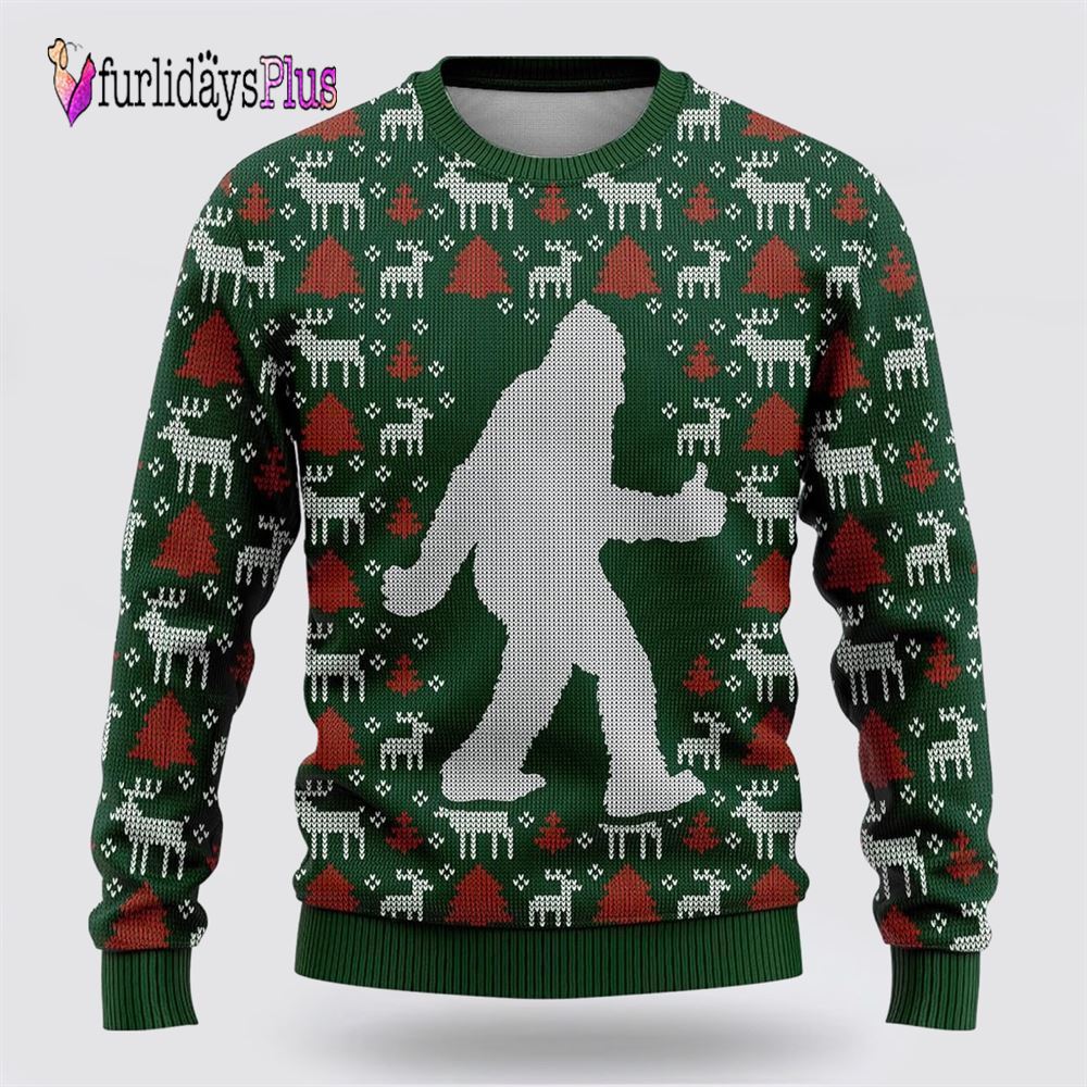 Bigfoot Reindeer And Pine Tree Motifs Green Pattern Ugly Christmas Sweater, Best Gift For Christmas