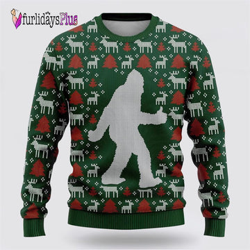 Bigfoot Reindeer And Pine Tree Motifs Green Pattern Ugly Christmas Sweater, Best Gift For Christmas