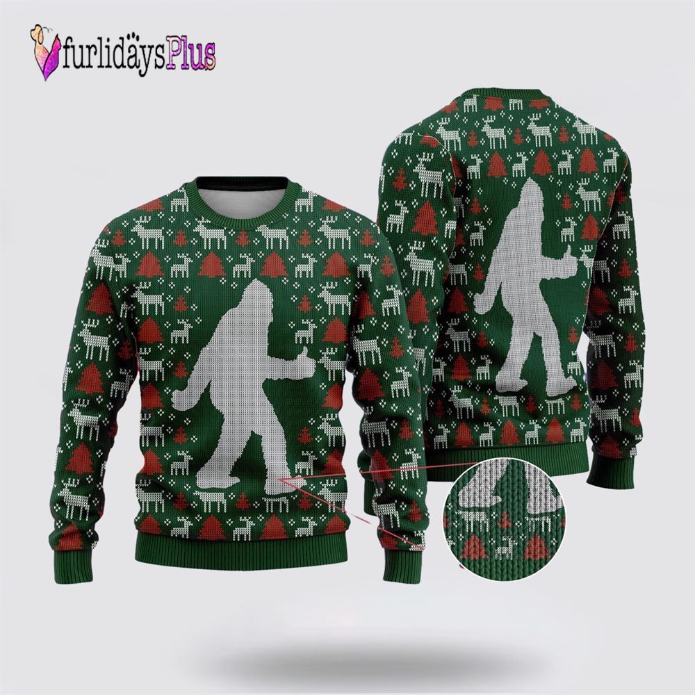 Bigfoot Reindeer And Pine Tree Motifs Green Pattern Ugly Christmas Sweater, Best Gift For Christmas