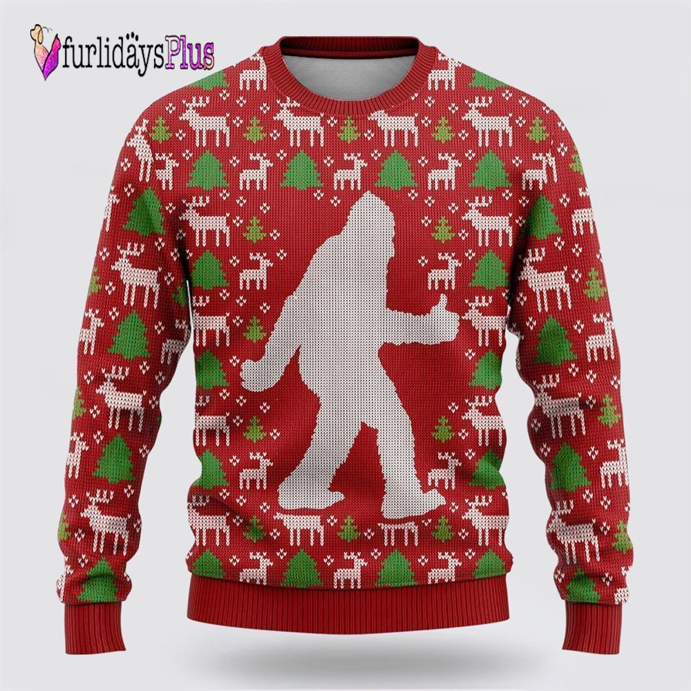 Bigfoot Reindeer And Pine Tree Motifs Ugly Christmas Sweater, Best Gift For Christmas