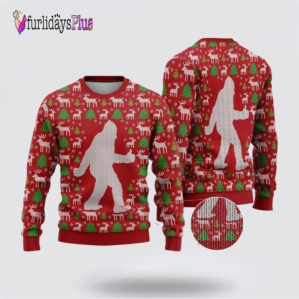 Bigfoot Reindeer And Pine Tree Motifs Ugly Christmas Sweater, Best Gift For Christmas