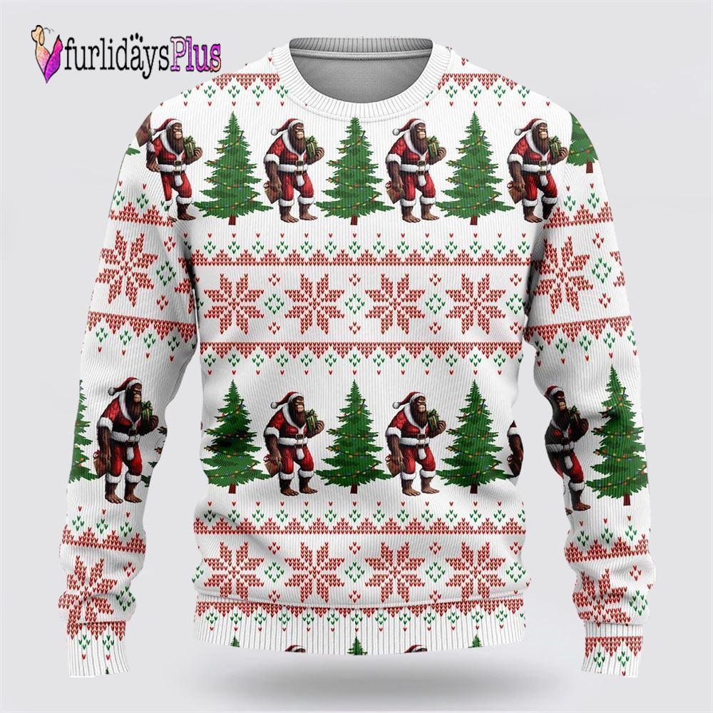 Bigfoot Santa Claus And Pine Tree Ugly Christmas Sweater, Best Gift For Christmas