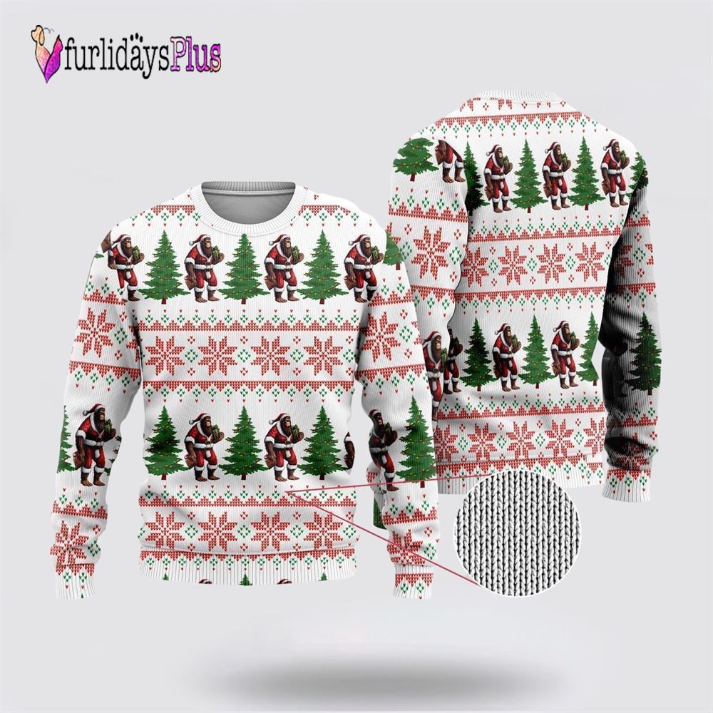 Bigfoot Santa Claus And Pine Tree Ugly Christmas Sweater, Best Gift For Christmas