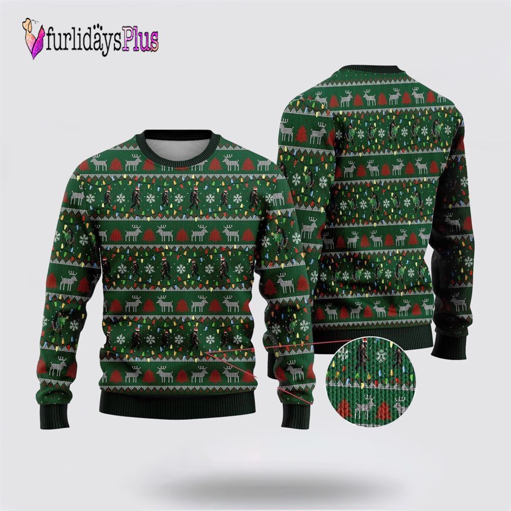 Bigfoot Santa Claus Green Pattern Ugly Christmas Sweater, Best Gift For Christmas
