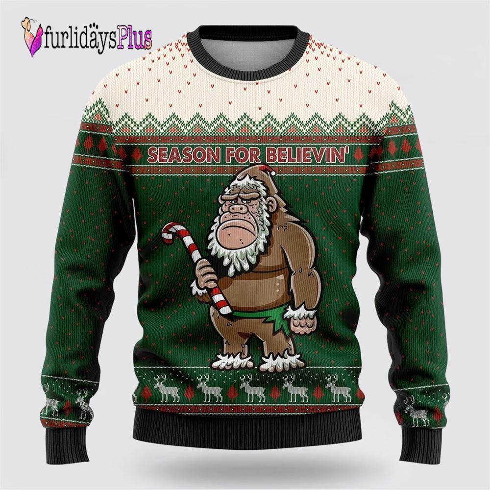 Bigfoot Season For Believin Green And White Pattern Ugly Christmas Sweater, Best Gift For Christmas