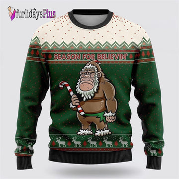 Bigfoot Season For Believin Green And White Pattern Ugly Christmas Sweater, Best Gift For Christmas