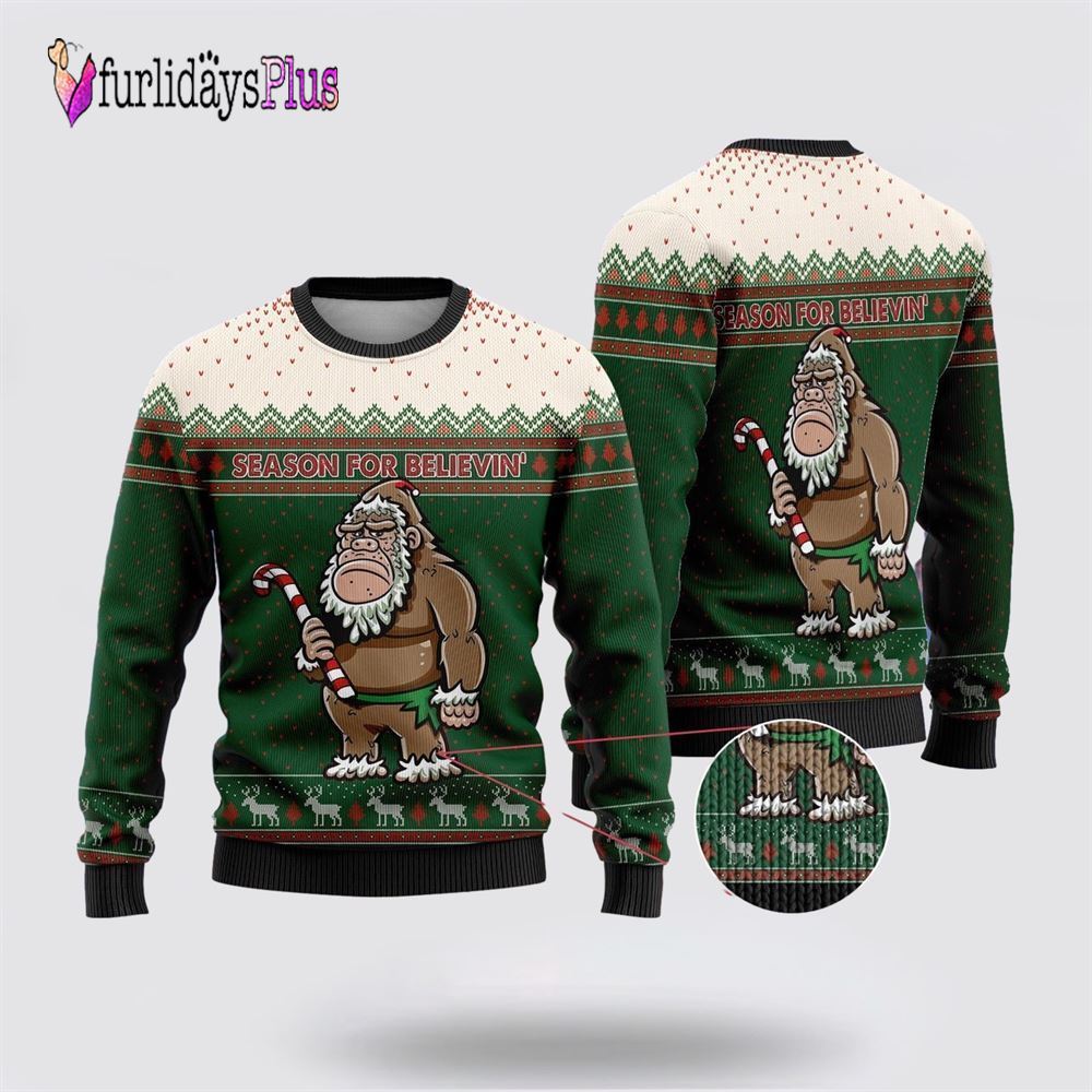 Bigfoot Season For Believin Green And White Pattern Ugly Christmas Sweater, Best Gift For Christmas