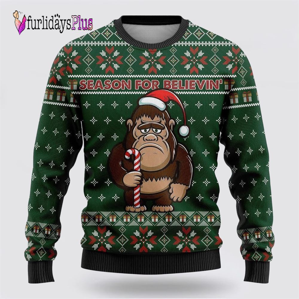 Bigfoot Season For Believin Green Pattern Ugly Christmas Sweater, Best Gift For Christmas