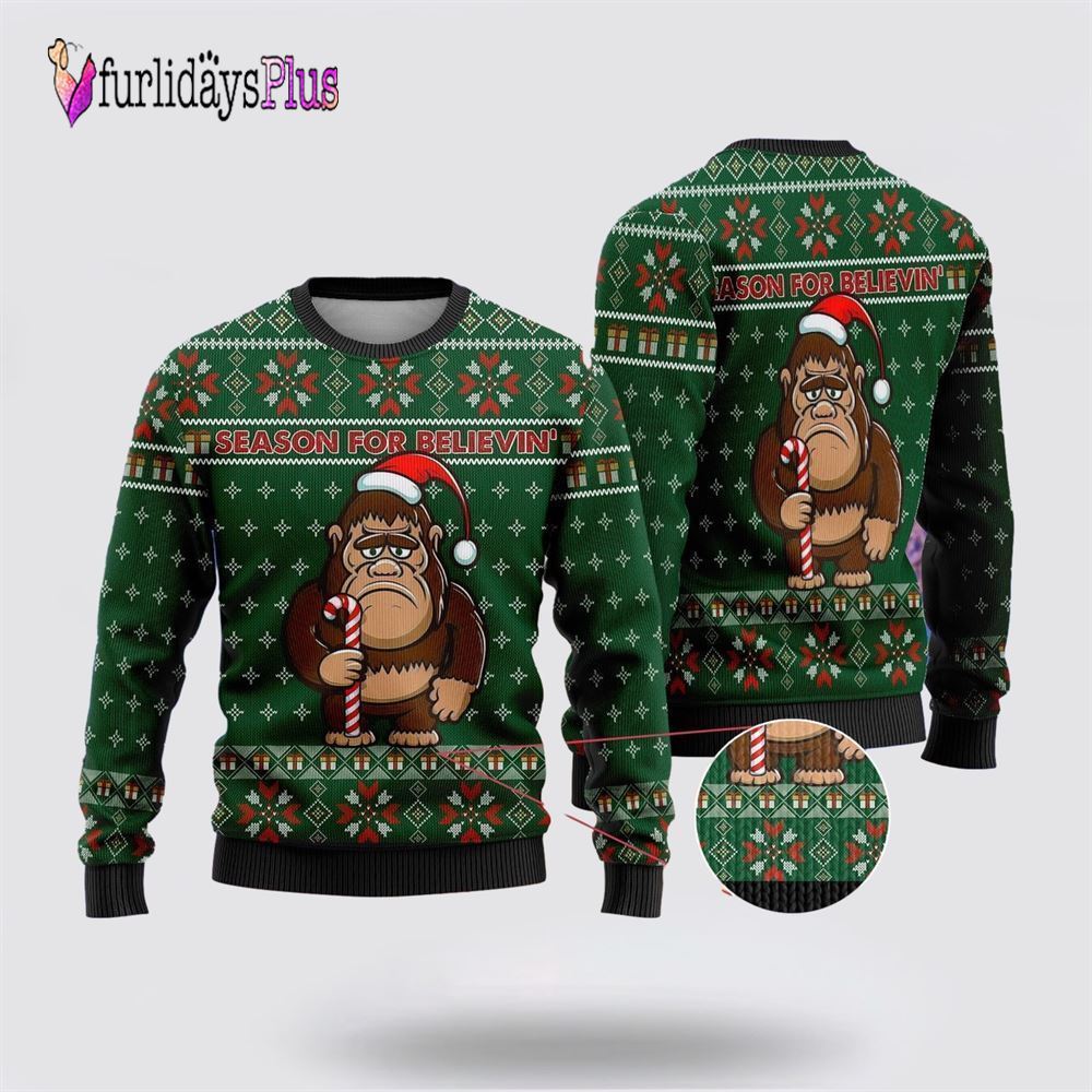 Bigfoot Season For Believin Green Pattern Ugly Christmas Sweater, Best Gift For Christmas