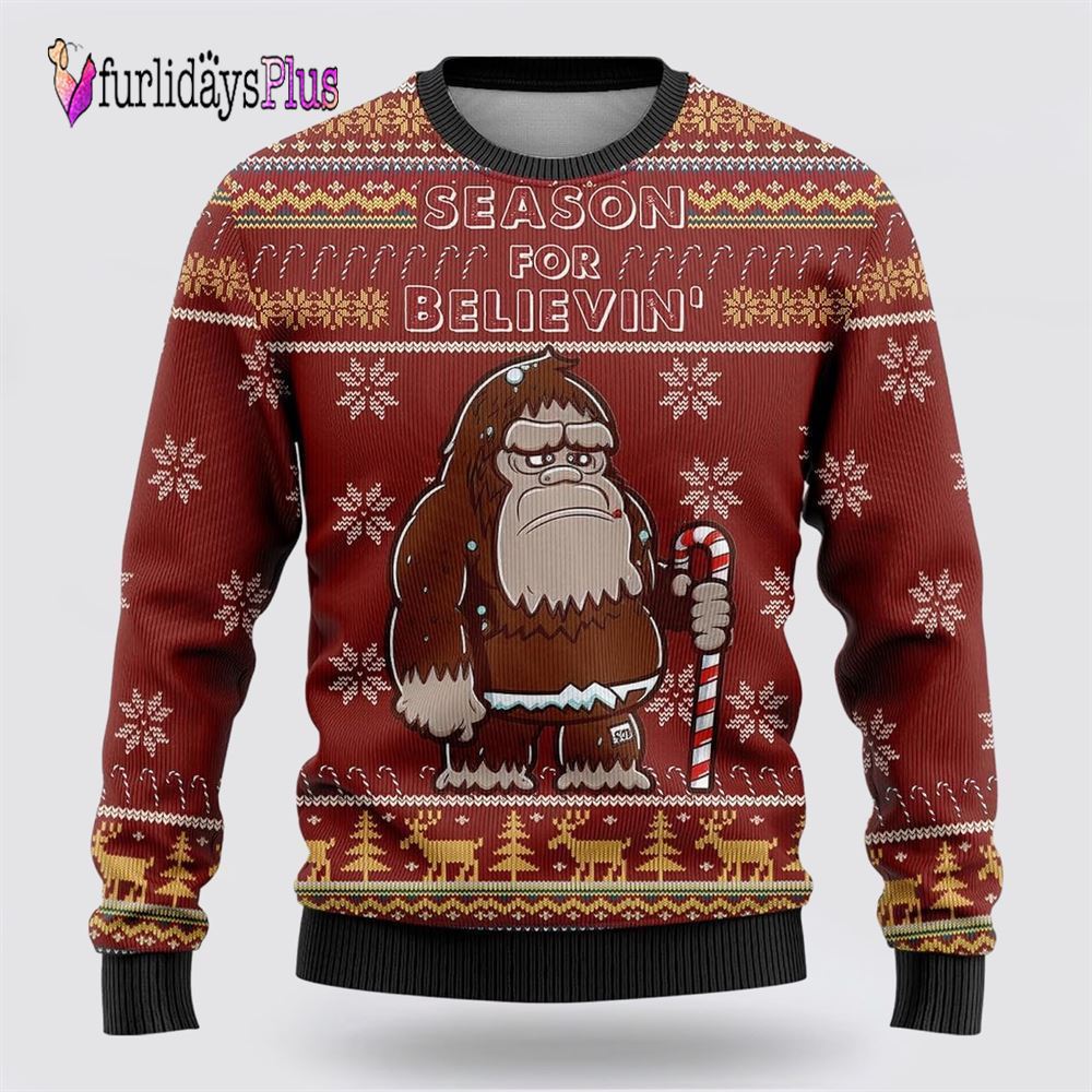 Bigfoot Season For Believin Red Pattern Ugly Christmas Sweater, Best Gift For Christmas