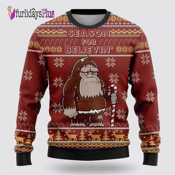 Bigfoot Season For Believin Red Pattern Ugly Christmas Sweater, Best Gift For Christmas