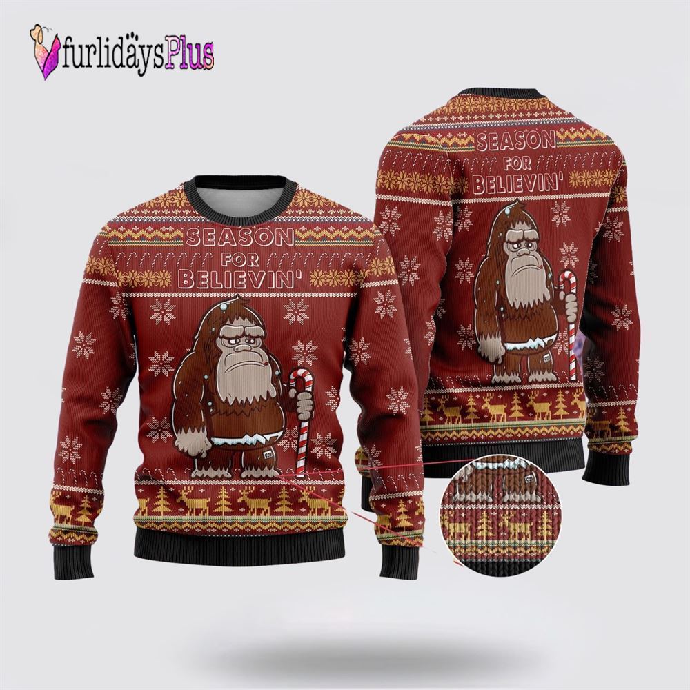 Bigfoot Season For Believin Red Pattern Ugly Christmas Sweater, Best Gift For Christmas