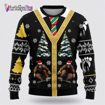 Bigfoot Skateboarding Black Pattern Ugly Christmas Sweater, Best Gift For Christmas