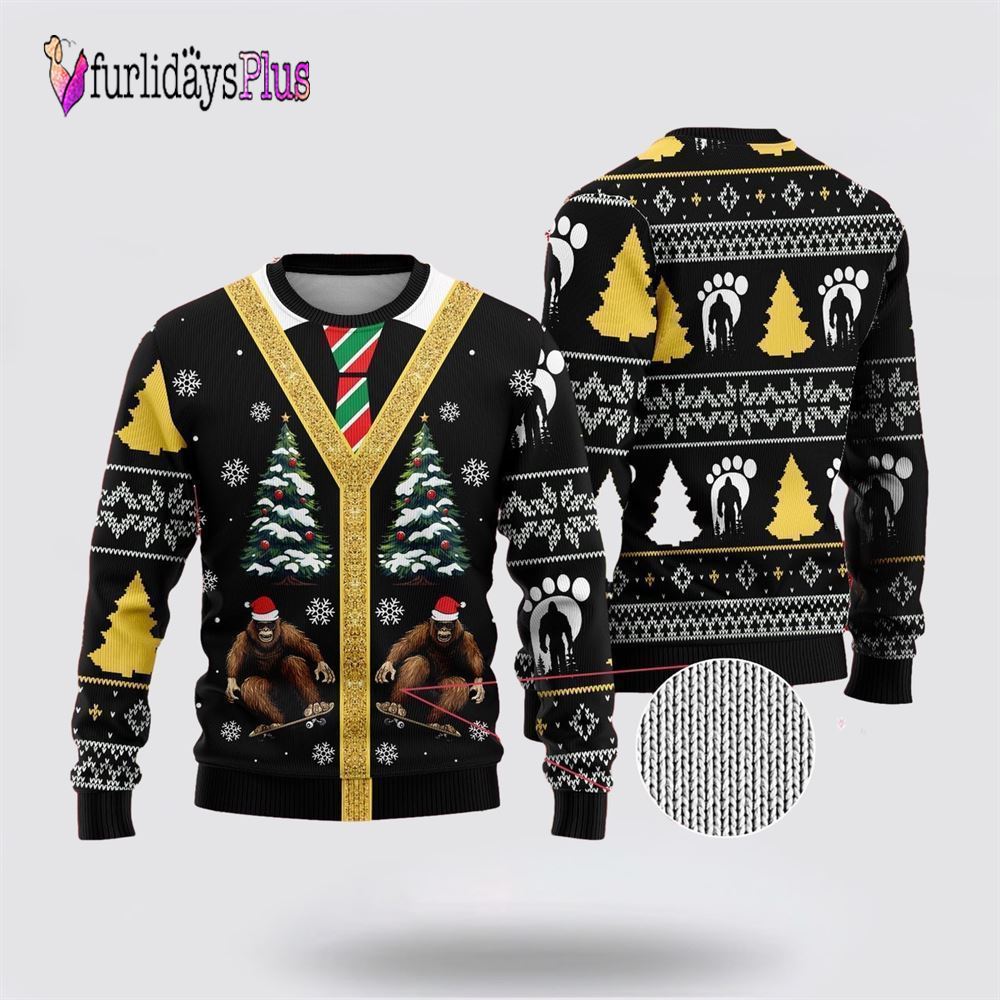 Bigfoot Skateboarding Black Pattern Ugly Christmas Sweater, Best Gift For Christmas