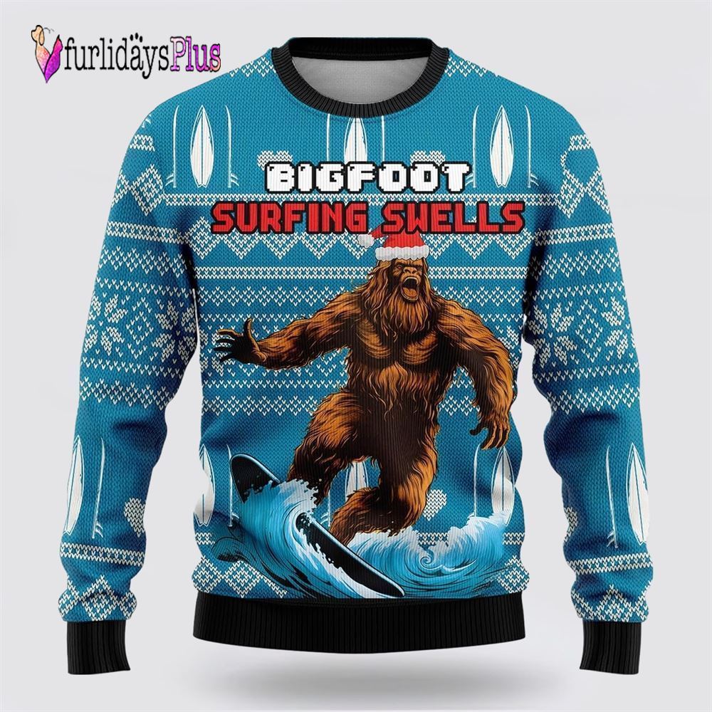 Bigfoot Surfing Swells Ugly Christmas Sweater, Best Gift For Christmas