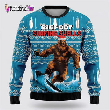 Bigfoot Surfing Swells Ugly Christmas Sweater, Best Gift For Christmas