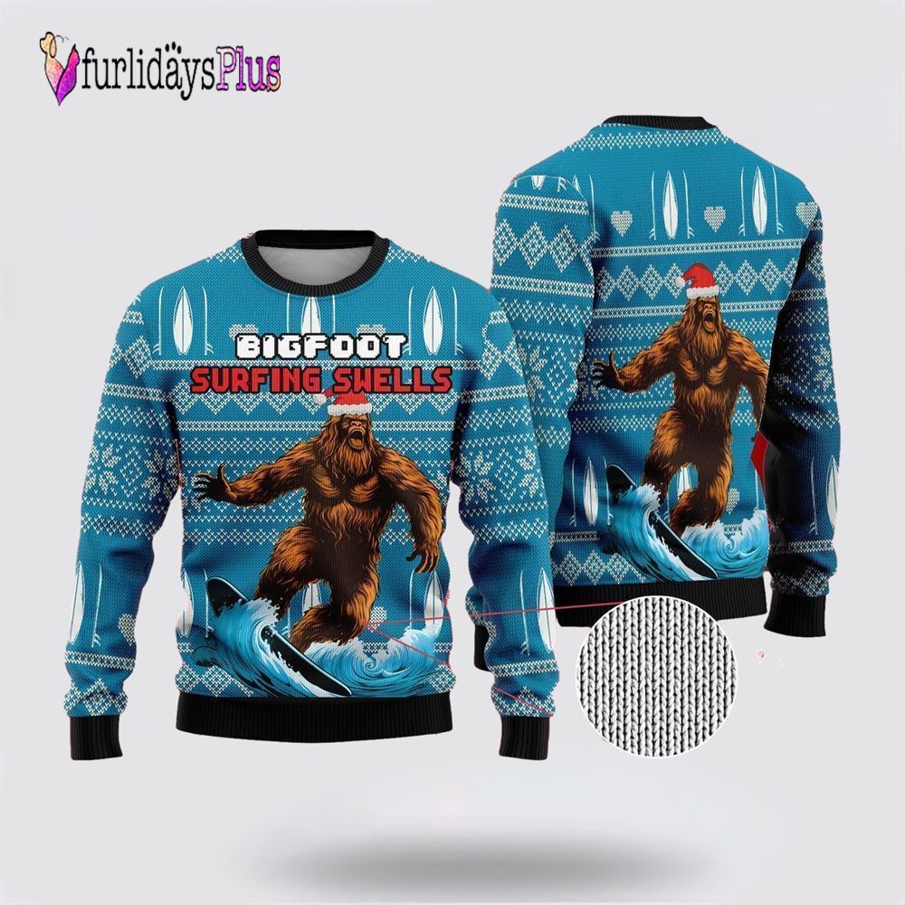 Bigfoot Surfing Swells Ugly Christmas Sweater, Best Gift For Christmas