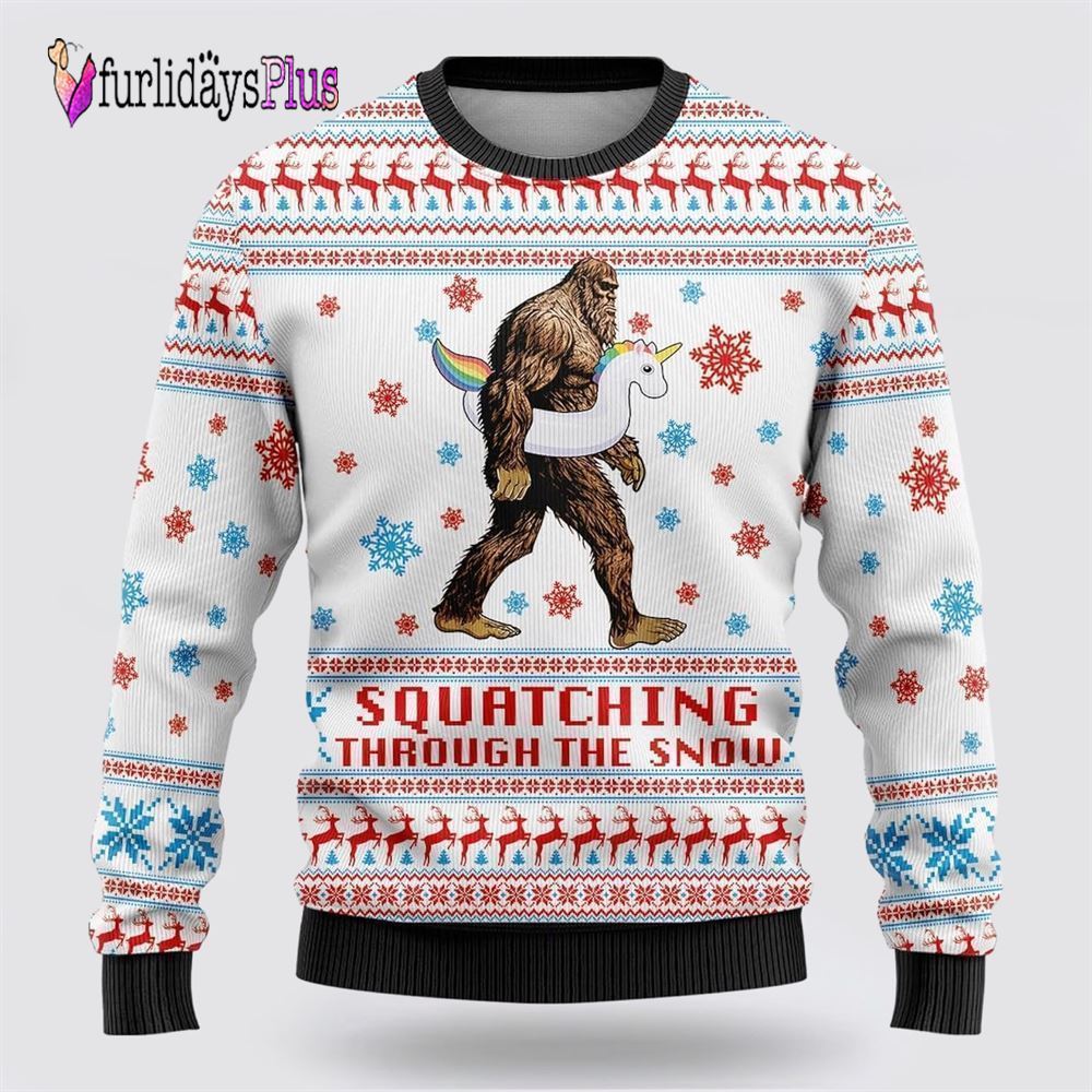 Bigfoot Unicorn Squatching Through The Snow Ugly Christmas Sweater, Best Gift For Christmas