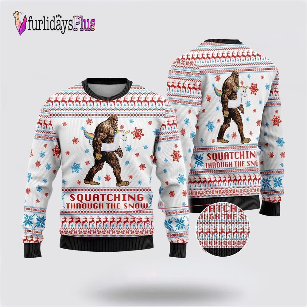 Bigfoot Unicorn Squatching Through The Snow Ugly Christmas Sweater, Best Gift For Christmas
