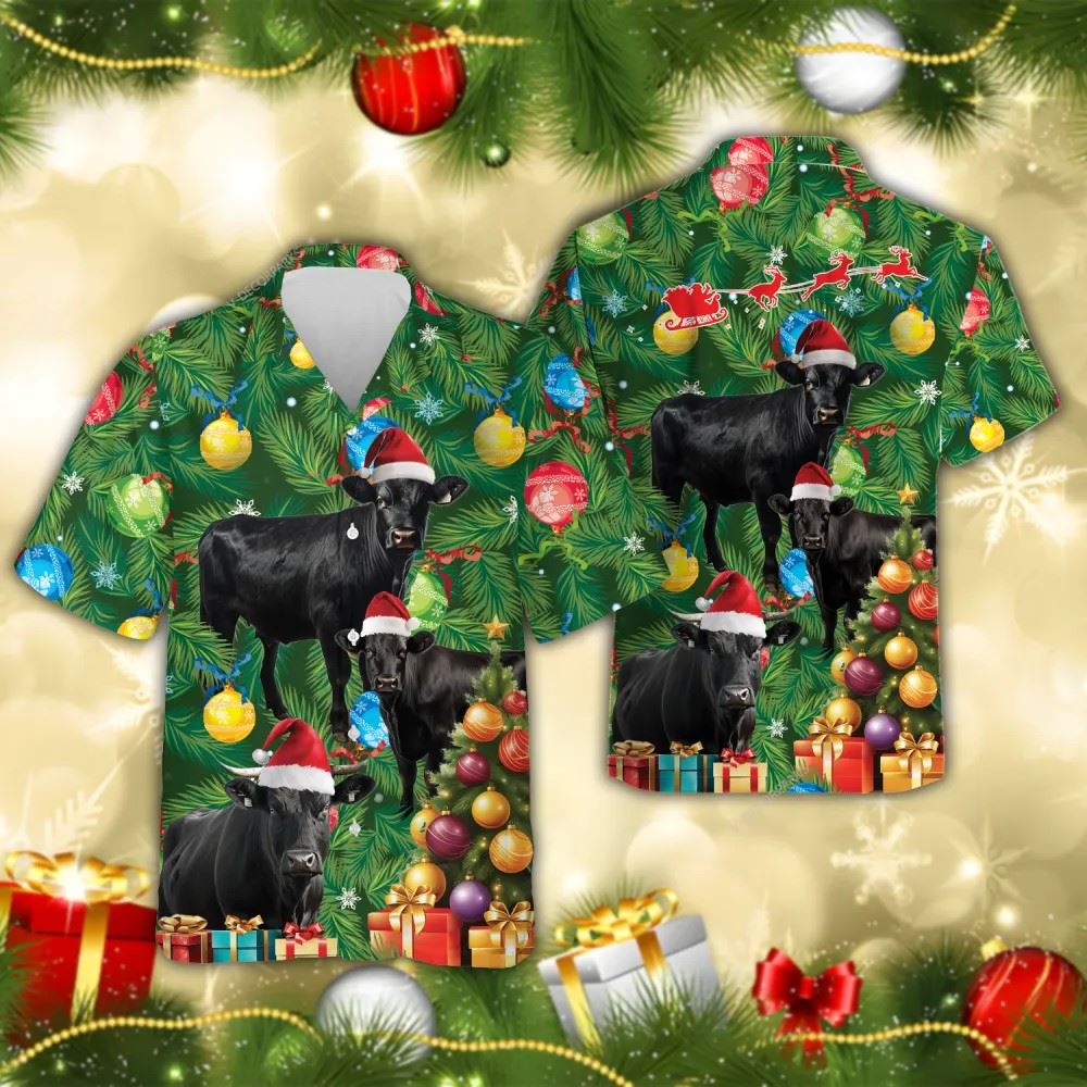 Black Angus Cow Christmas Hawaiian Shirts, Xmas Hawaiian Shirts