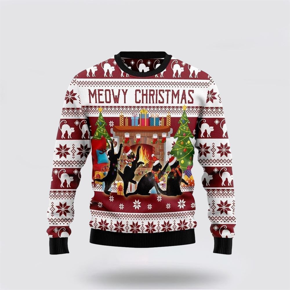 Black Cat Christmas Dancing Ugly Christmas Sweater, Christmas Sweater For Cat Lover