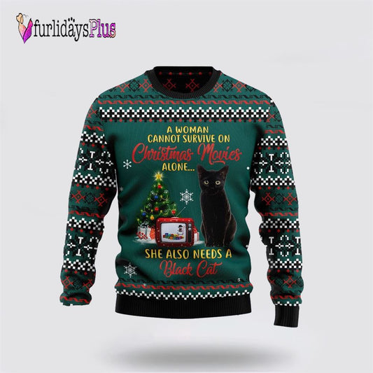 Black Cat Christmas Movie Ugly Christmas Sweater, Cat Lover Christmas Sweater