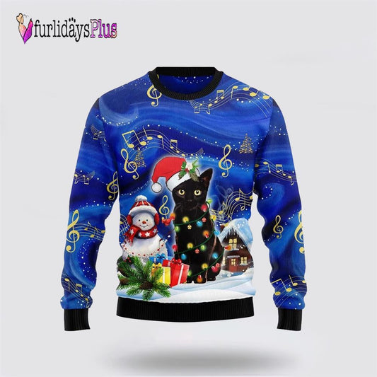 Black Cat Christmas Night Funny Family Ugly Christmas Sweater, Cat Lover Christmas Sweater