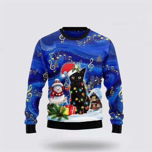 Black Cat Christmas Night Funny Family Ugly Christmas Sweater, Christmas Sweater For Cat Lover