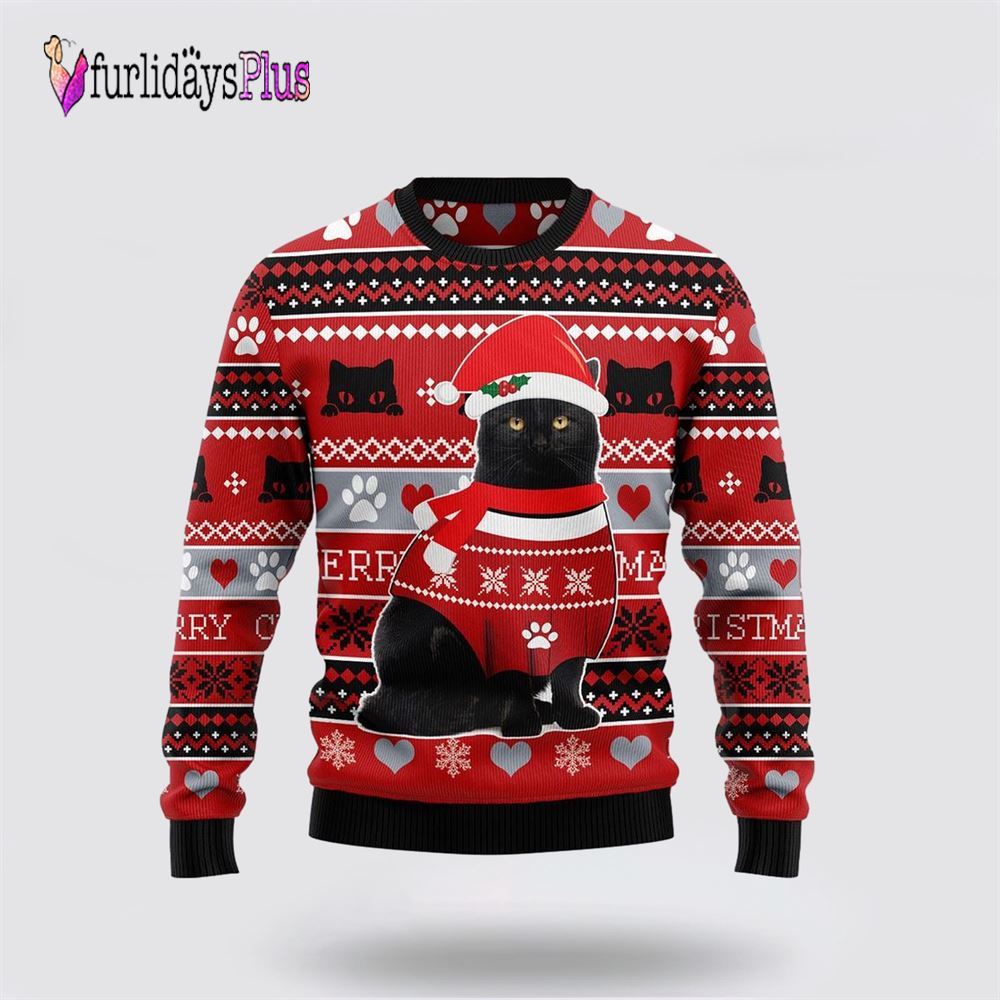 Black Cat Christmas Pattern Ugly Christmas Sweater, Cat Lover Christmas Sweater