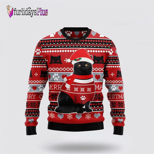 Black Cat Christmas Pattern Ugly Christmas Sweater, Cat Lover Christmas Sweater