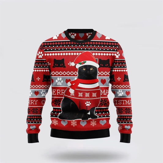 Black Cat Christmas Pattern Ugly Christmas Sweater, Christmas Sweater For Cat Lover