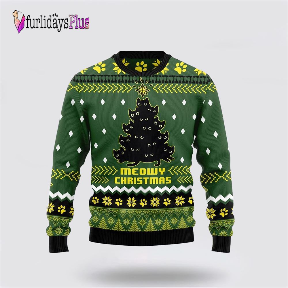 Black Cat Christmas Tree Funny Family Ugly Christmas Sweater, Cat Lover Christmas Sweater