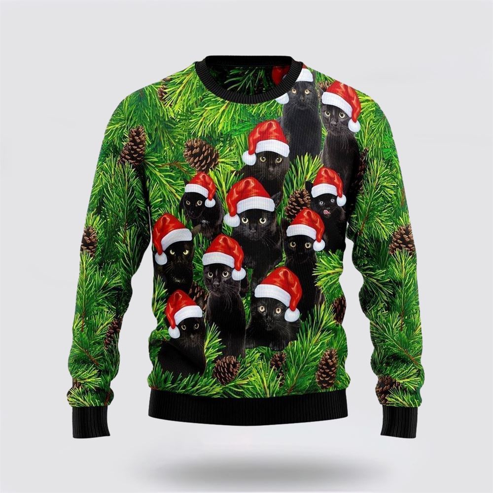 Black Cat Christmas Tree Ugly Christmas Sweater, Christmas Sweater For Cat Lover