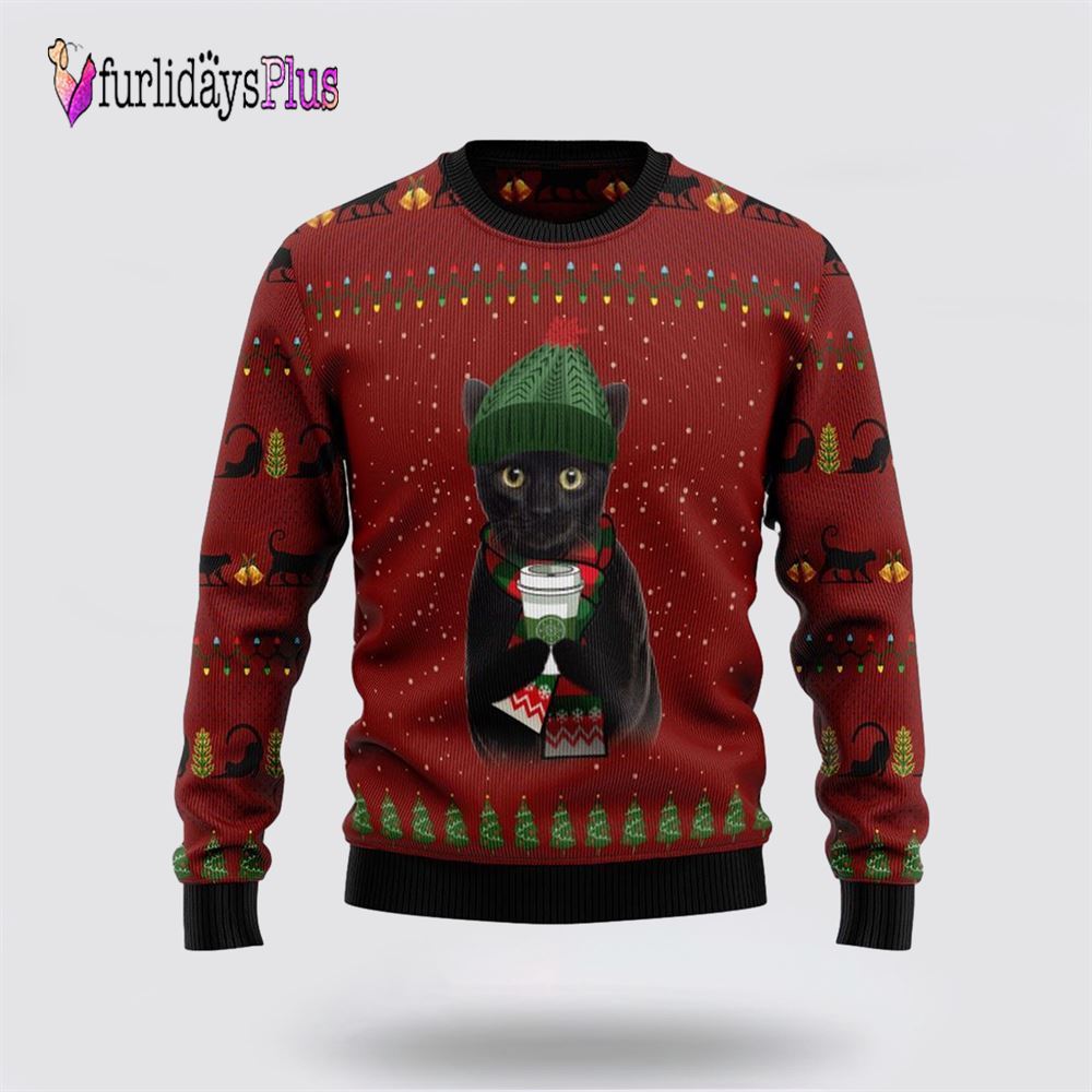 Black Cat Coffee Ugly Christmas Sweater, Cat Lover Christmas Sweater