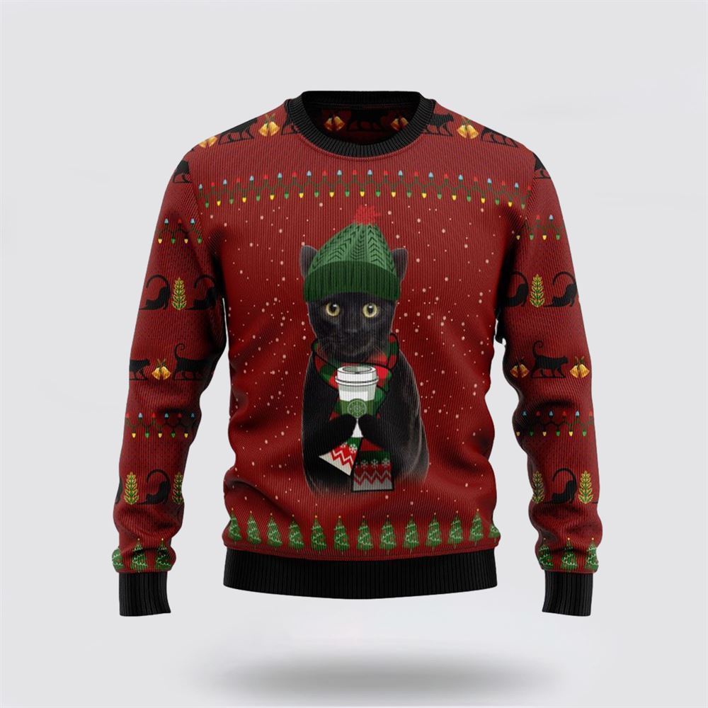 Black Cat Coffee Ugly Christmas Sweater, Christmas Sweater For Cat Lover