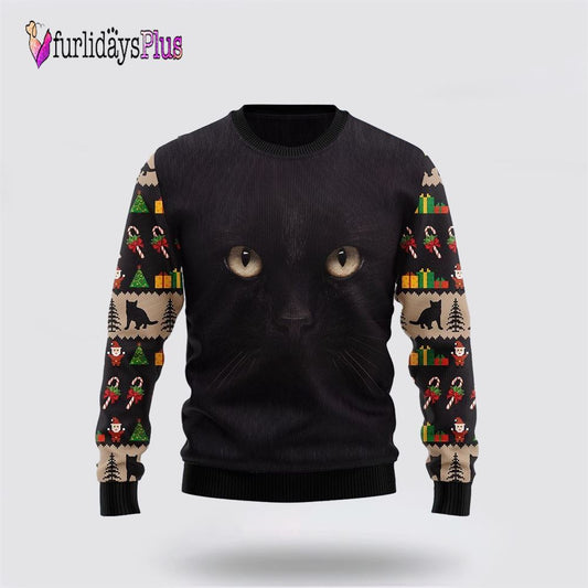 Black Cat Cute Face Ugly Christmas Sweater, Cat Lover Christmas Sweater