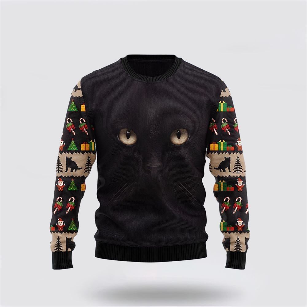 Black Cat Cute Face Ugly Christmas Sweater, Christmas Sweater For Cat Lover