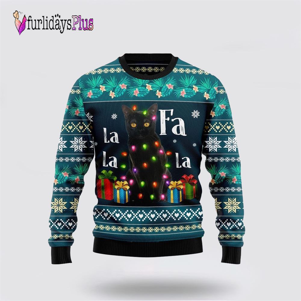 Black Cat Falalala Ugly Christmas Sweater, Cat Lover Christmas Sweater