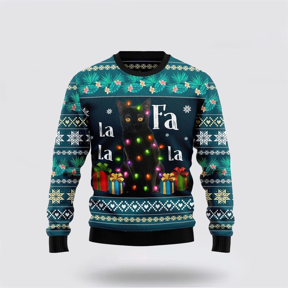 Black Cat Falalala Ugly Christmas Sweater, Christmas Sweater For Cat Lover