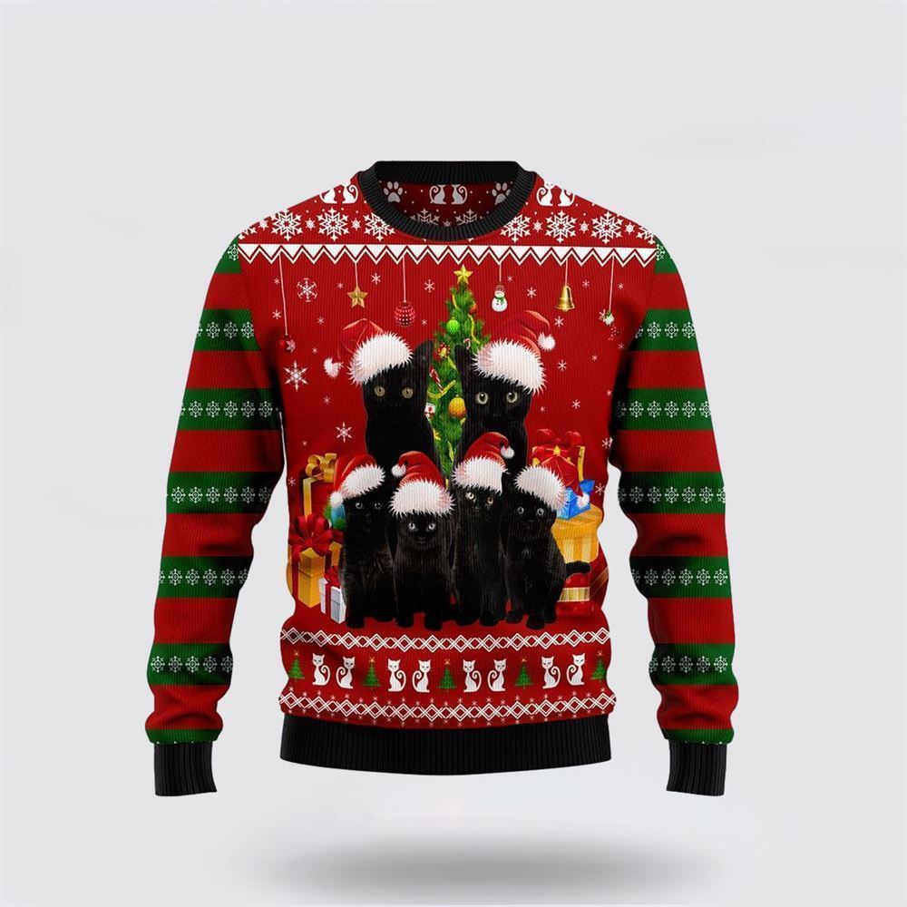 Black Cat Family Christmas Ugly Christmas Sweater, Christmas Sweater For Cat Lover