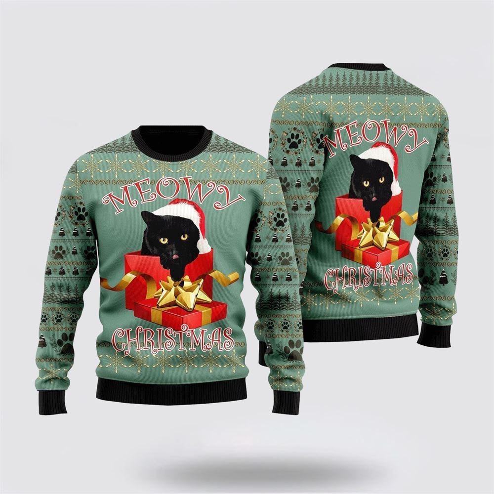 Black Cat Gift Sweater Meowy Christmas Ugly Christmas Sweater, Christmas Sweater For Cat Lover