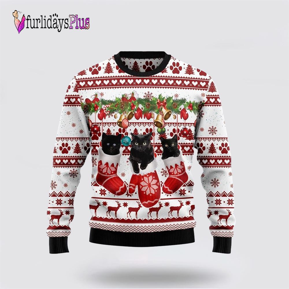 Black Cat Gloves Merry Christmas Funny Family Ugly Christmas Sweater, Cat Lover Christmas Sweater