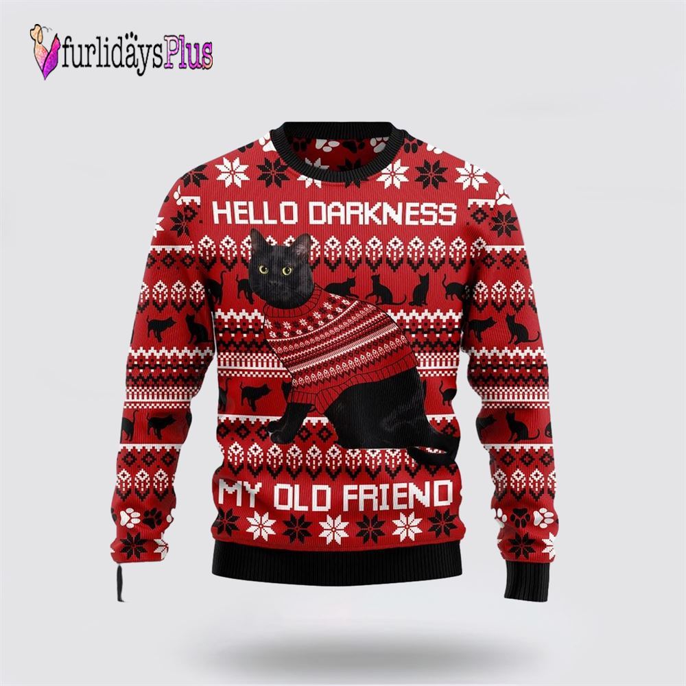 Black Cat Hello Darkness My Old Friend Ugly Christmas Sweater, Cat Lover Christmas Sweater