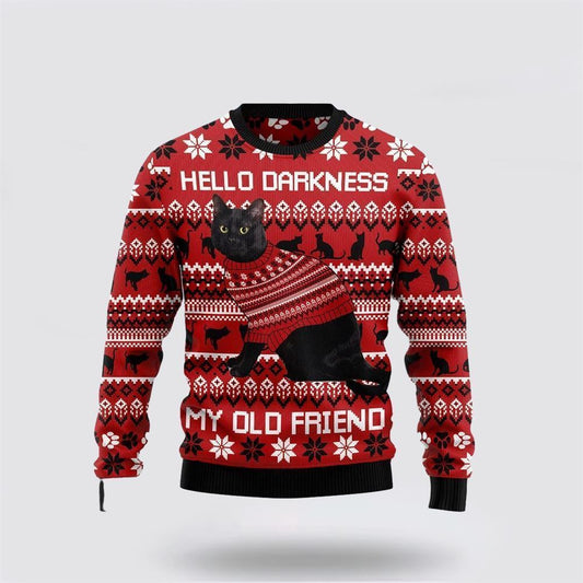 Black Cat Hello Darkness My Old Friend Ugly Christmas Sweater, Christmas Sweater For Cat Lover