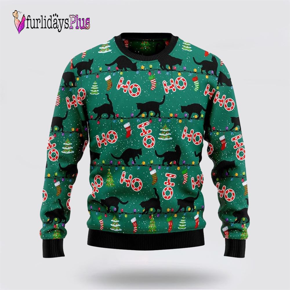 Black Cat Ho Ho Ho Ugly Christmas Sweater, Cat Lover Christmas Sweater