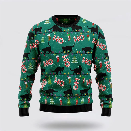 Black Cat Ho Ho Ho Ugly Christmas Sweater, Christmas Sweater For Cat Lover